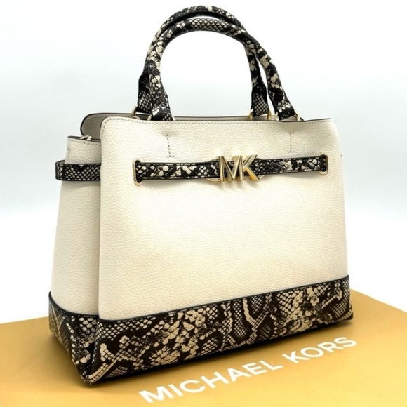 Michael Kors Reed Large Belted Satchel Crossbody Bag Light Cream Snakeskin - Picture 3 of 11